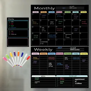 QIUCHAN Dry Erase Boards Black Set - 3 Magnetic Boards for Refrigerator, Monthly, Weekly Organizer & Daily Notepad, Wall & Fridge Family Boards Include 8 marker