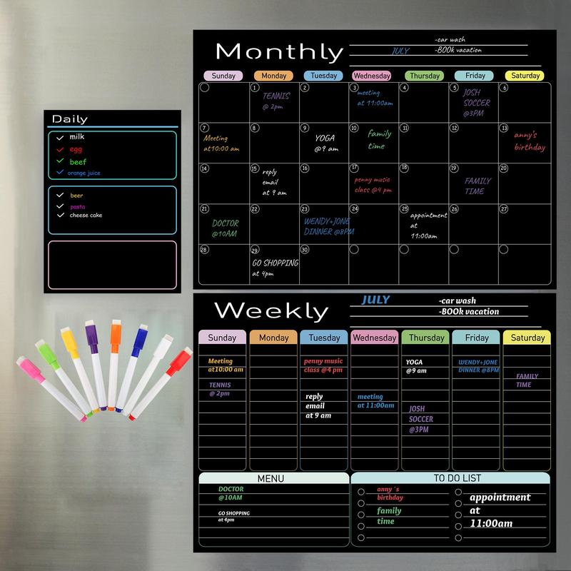 QIUCHAN Dry Erase Boards Black Set - 3 Magnetic Boards for Refrigerator, Monthly, Weekly Organizer & Daily Notepad, Wall & Fridge Family Boards Include 8 marker