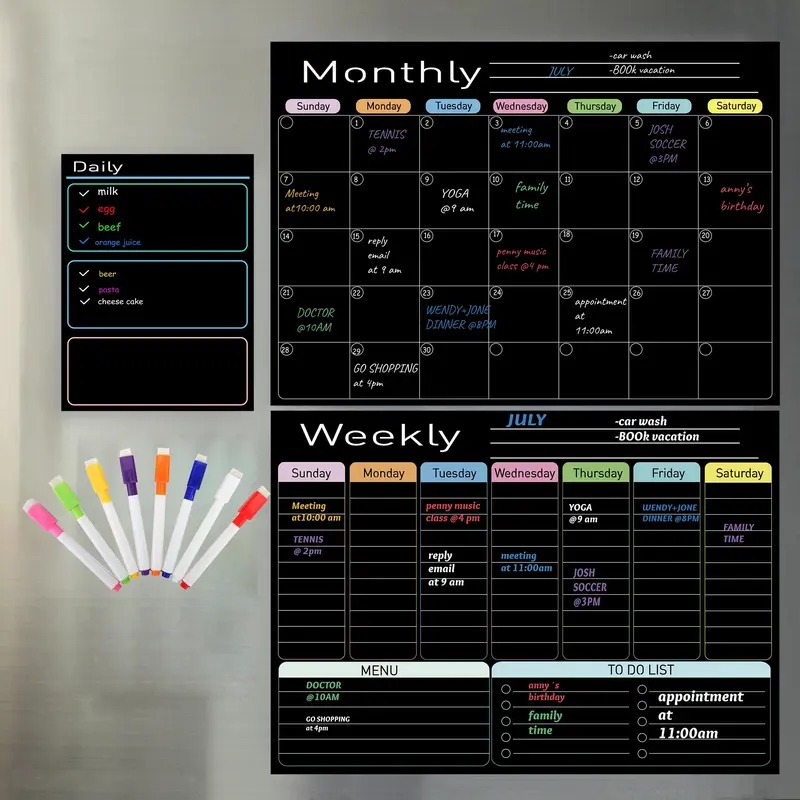 QIUCHAN Dry Erase Boards Black Set - 3 Magnetic Boards for Refrigerator, Monthly, Weekly Organizer & Daily Notepad, Wall & Fridge Family Boards Include 8 marker