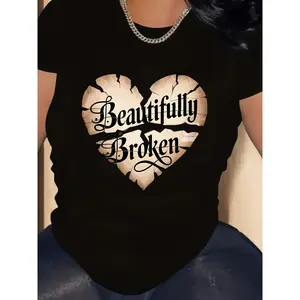 Women's Plus Size Elegant Broken Heart Pattern Tshirt - Comfortable Round Neck Polyester Sporty Sports Tops, Machine Washable All-Season Clothes