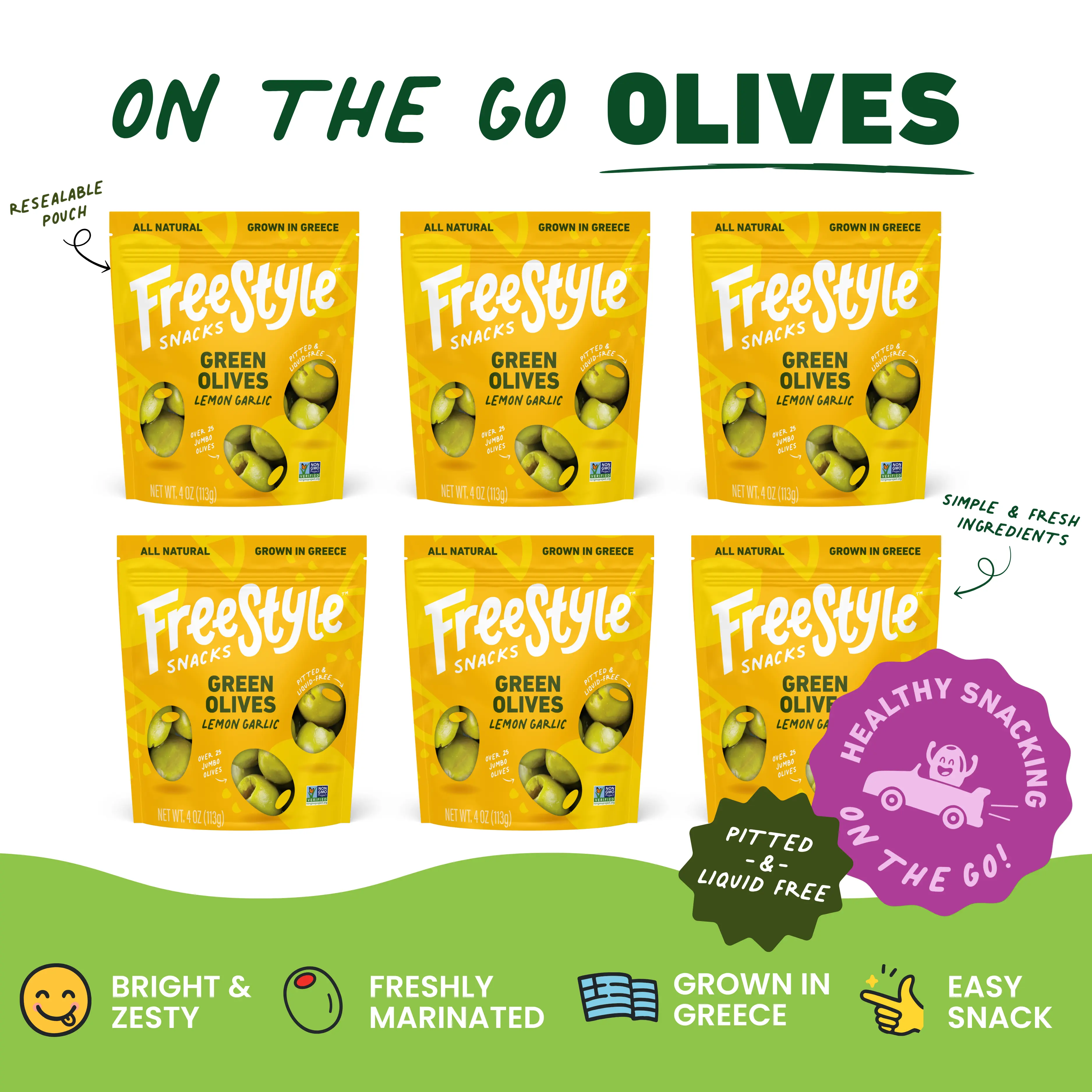 Freestyle Snacks Lemon Garlic Olives 6-Pack – All Natural, Low-Calorie Ambient Food Snacks, Pitted Greek Olive Snack Packs