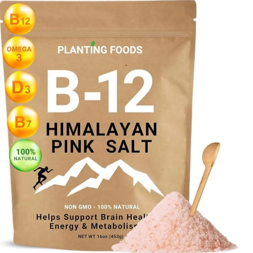 Organic Himalayan Pink Salt + Vitamin B12, 16oz (1LB) - Nutrient & Mineral Dense, Vegan & Unrefined, Healthy Meal Natural Booster
