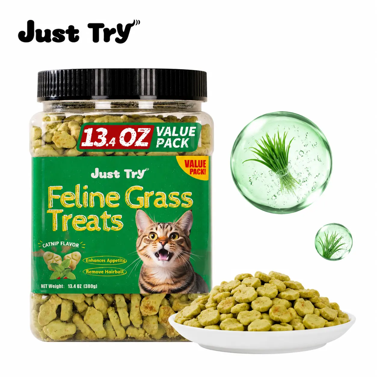 Just Try Cat Treats for Indoor Cats Hairball Control Natural Salmon Healthy Cat Grass Treats Kitten Snacks Training Biscuits Catnip for Cats Dental Care 13.4 OZ