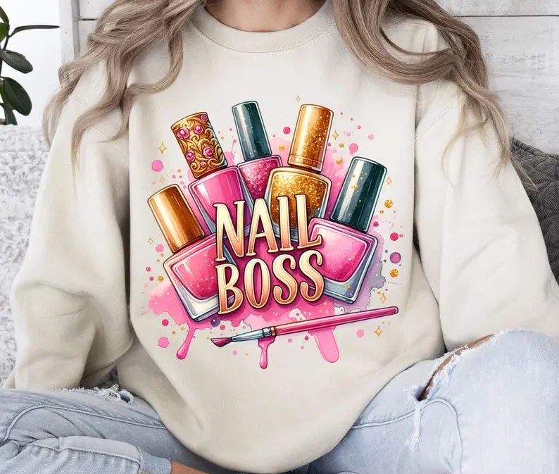 Nail Boss Sweatshirt, Sublimation Design, Glitter Gold Pink T-Shirt Sweatshirt, Sweatshirt Design, Nail Polish Sweatshirt, Nail Stylist Sweatshirt