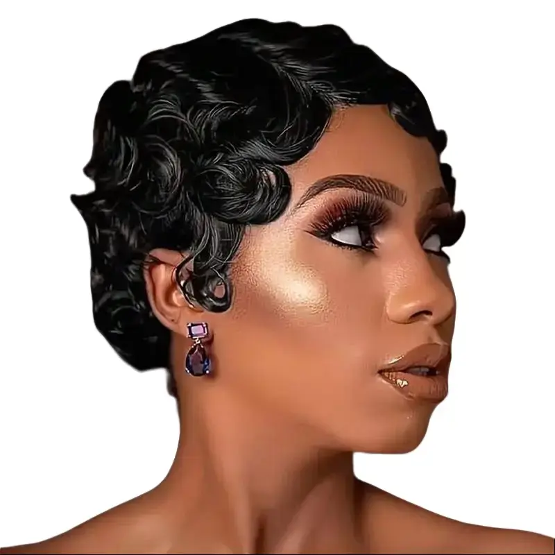 Human Hair Lace Front Wig, Short Finger Wave Style for Black Women, 13x4 HD Lace for a Natural Look, Glueless and Heat Resistant, Female, Wavy, Wave Texture, Lace Frontal Wig, Wigs Human Hair