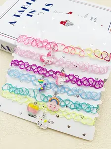 6pcs-Cute Unicorn and Flower Elastic Necklace - Light pink, adjustable stretch, lightweight nylon material, perfect for everyday wear, parties, party accessory, lively design, durable, Dangling Charms Necklace