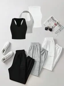 Women's Breathable Fabric Basic Solid Color Fitted Crop Tank Top & High Waist Pants Set, Casual Sleeveless Top & Trousers for Daily Wear, Ladies  Outfits for All Seasons