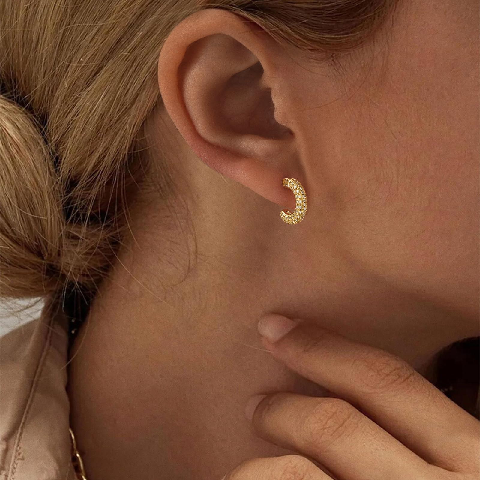 TASISO Sparkling 14K Gold Plated Cubic Zirconia Hoop & Stud Earrings Set for Women Multi-Size Daily Wear & Gift Eco-Friendly Zircon Stones Gift