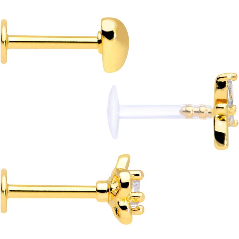 16 Gauge 5/16 Clear CZ Gem Gold Tone Heart Labret Tragus Set of 3