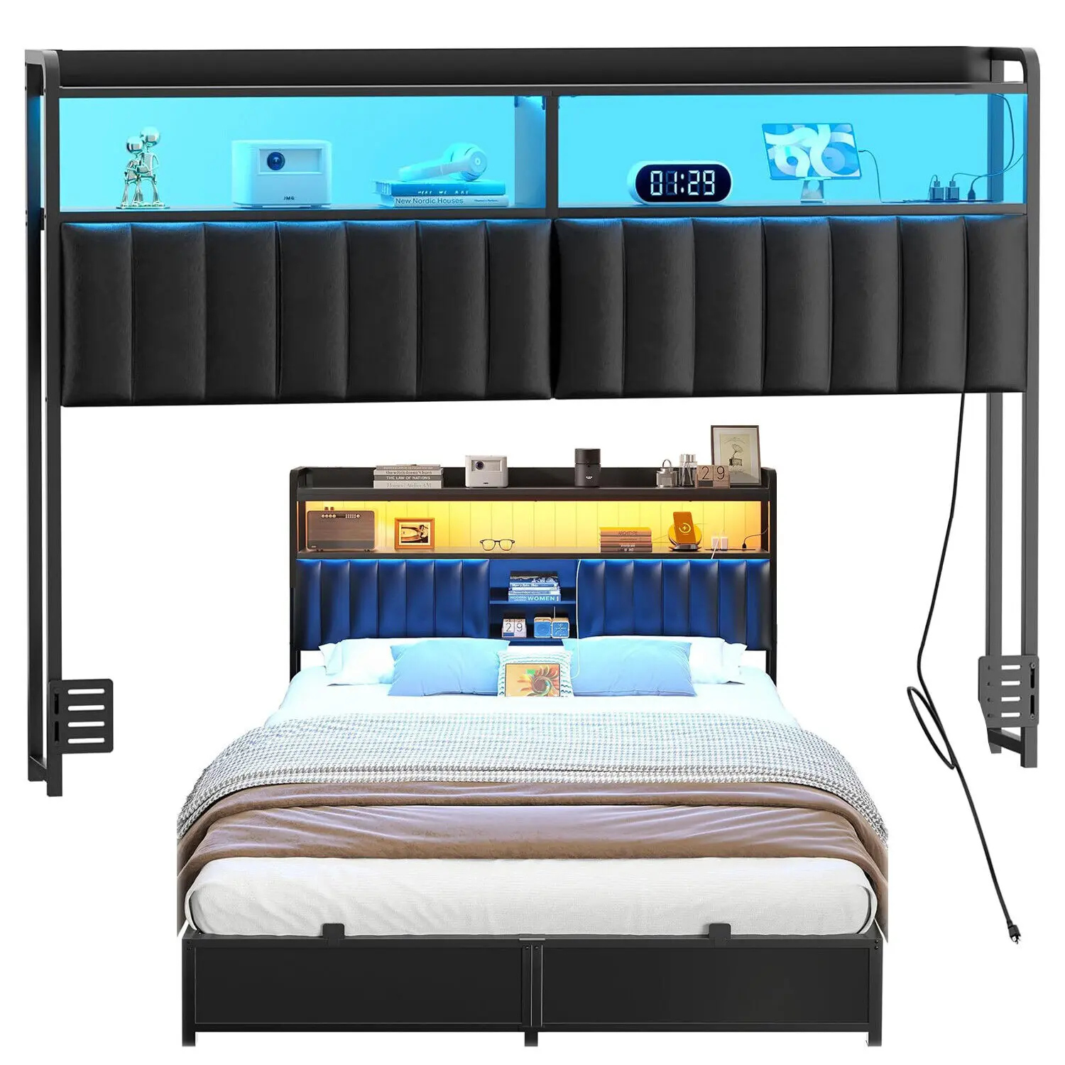 Cyclysio Modern Furniture Faux Leather Upholstered Headboard - Height Adjustable, Power Outlets, LED Lights, 2-Tier Storage Shelf, Compatible with King/Queen/Full Size Frames, Home Accessory, Adjustable Bed Base Headboards