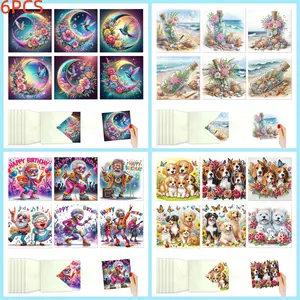 6-piece diamond painting set greeting card bird, moon, puppy, drift bottle, cartoon human pattern paper material special design part embellished mosaic craft suitable for writing blessings and wishes, birthday gifts Diamond Painting Kit