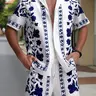 Men's Ethnic Pattern Floral Button Front Shirt & Shorts Two-Piece Set, Casual Comfy Short Sleeve Top & Shorts PJ Set, Men's Sleepwear Loungewear for Summer