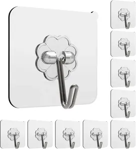 10 Pack,PVC & Stainless Steel Wall Hook, Strong Adhesive, Reusable, 13 lbs Capacity, Suitable for Walls, Kitchens, Bathrooms, Glass, Metal, Tile, Marble