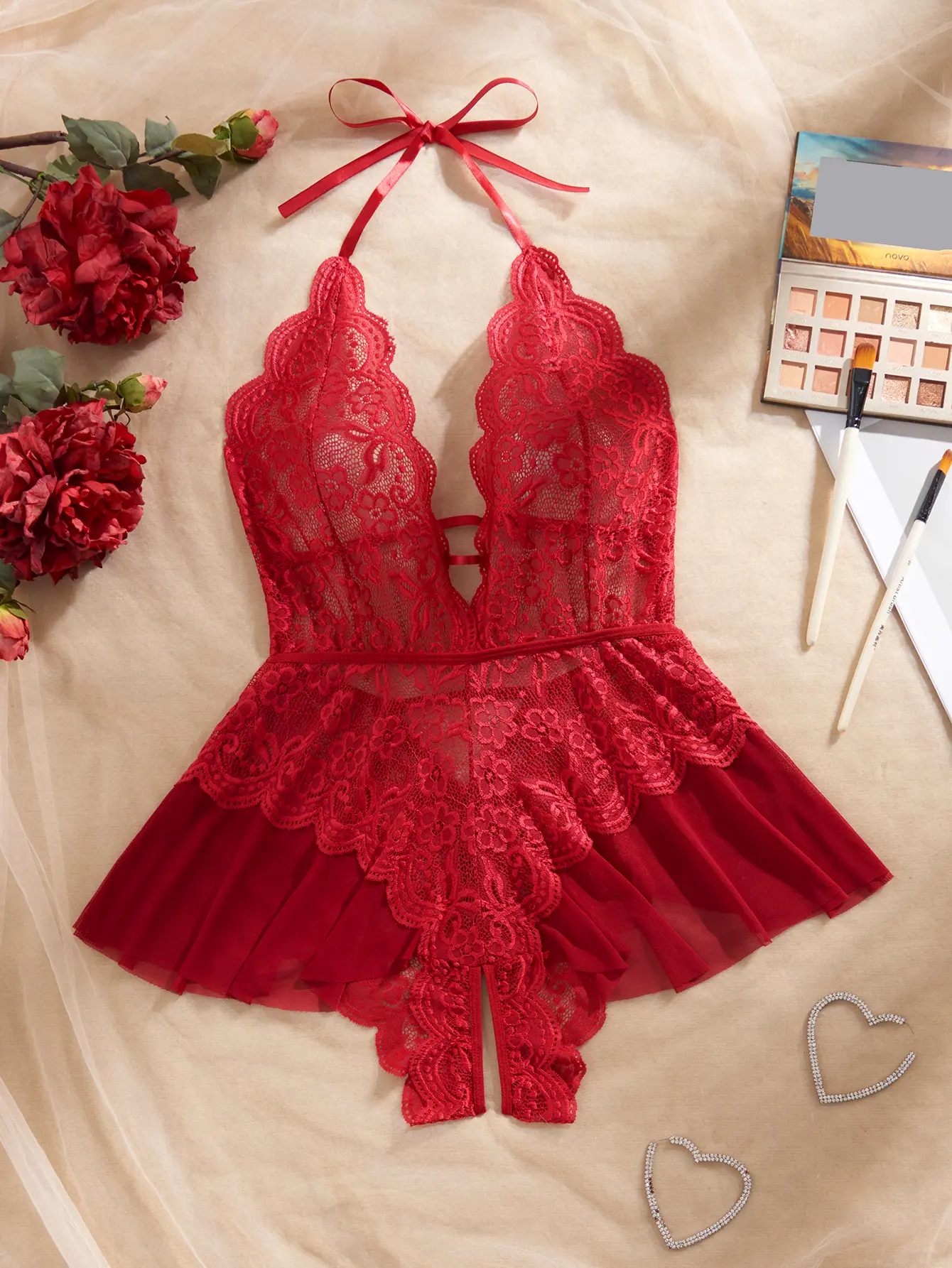 AESKEIA Women's Sexy Lace Crotchless Teddy Bodysuit, Floral Lace Halter V-Neck Necklace Backless Transparent Lingerie, Suit For S-4XL,, Fashion Bodysuit, Lacy, American