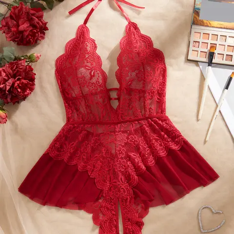 AESKEIA Women's Hot Lace Crotchless Teddy Bodysuit - Bodycon Fitted, Deep V-Neck Halter, Open Back, Breathable Fabric Lingerie, Floral Lace, Transparent, S-4XL
