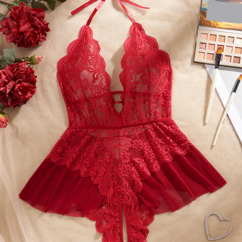 AESKEIA Women's Hot Lace Crotchless Teddy Bodysuit - Bodycon Fitted, Deep V-Neck Halter, Open Back, Breathable Fabric Lingerie, Floral Lace, Transparent, S-4XL
