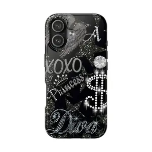 Y2K McBling Black Glitter iPhone Case | Faux Rhinestone Diva Princess Print | 2000s Aesthetic Cove