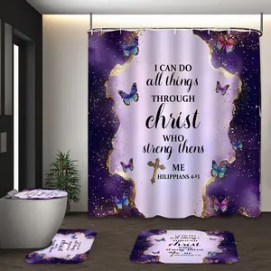 LVRLVR 4Pcs Philippians 4:13 Bible Verse Butterfly Cross Print Christian Inspirational Multi-Color Shower Curtain Set Bathroom Curtain Room Decor 70.8×70.8 Inch