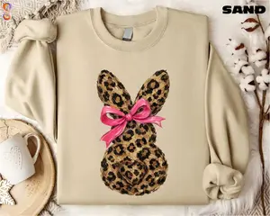 Leopard Bunny Sweatshirt, Cute Easter Rabbit Graphic Pullover, Girly Animal Print Sweater, Spring Holiday Outfit for Women, Cozy Crewneck Gift for Leopard Print Lovers - HARSIN