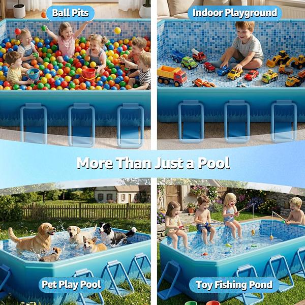 118-inch (approx. 299.7 cm) Foldable Swimming Pool for Adults & KidsNon-inflatable Design with Sturdy Metal FrameReinforced Thick PVC & PP Board SupportExtra Large, Stable & Foldable PoolPerfect for Family, Dogs, Backyard & Outdoor Us