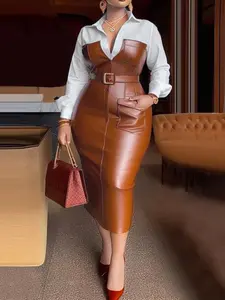 Elegant Long Sleeve Bodycon Shirt Dress, Contrast Collar Woven Patchwork Design, Women's Fashion Dresses for Spring & Fall Seasons, Casual Wear, Chic