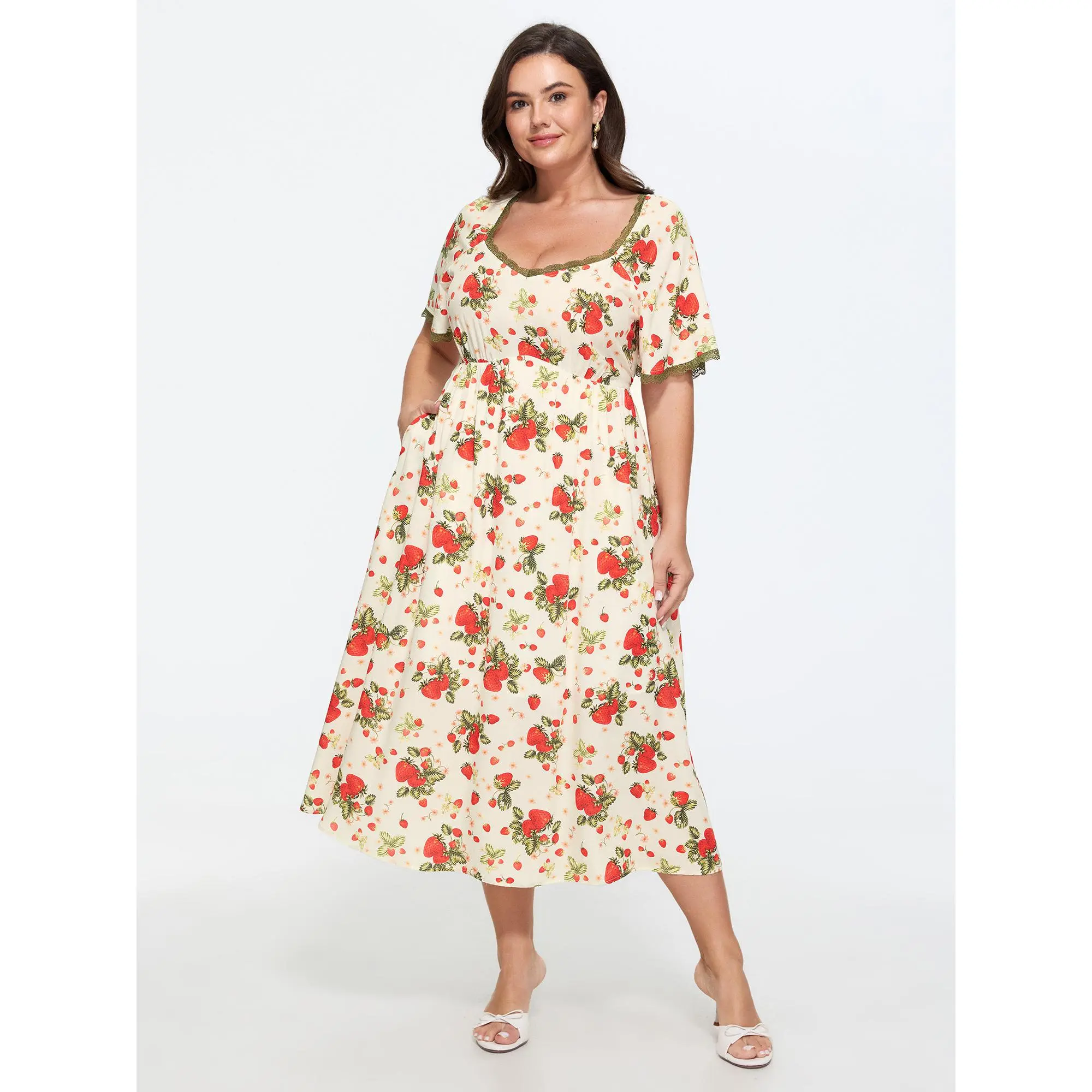 BloomChic Women's Plus Size Romantic Fruit Print Short Flutter Sleeve Casual Dress, Smooth Rayon Shell, Midi Length with Pockets, Lace Trim, and Comfortable Fit, Short Sleeve, Flutter Sleeve Casual Dresses