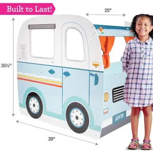 Svan Wooden Play Camper Van Toy Playset w Steering Wheel, Kitchen w Stove, Oven, Bed, Pillow, Pretend Shower, Curtains, Personalization Stickers