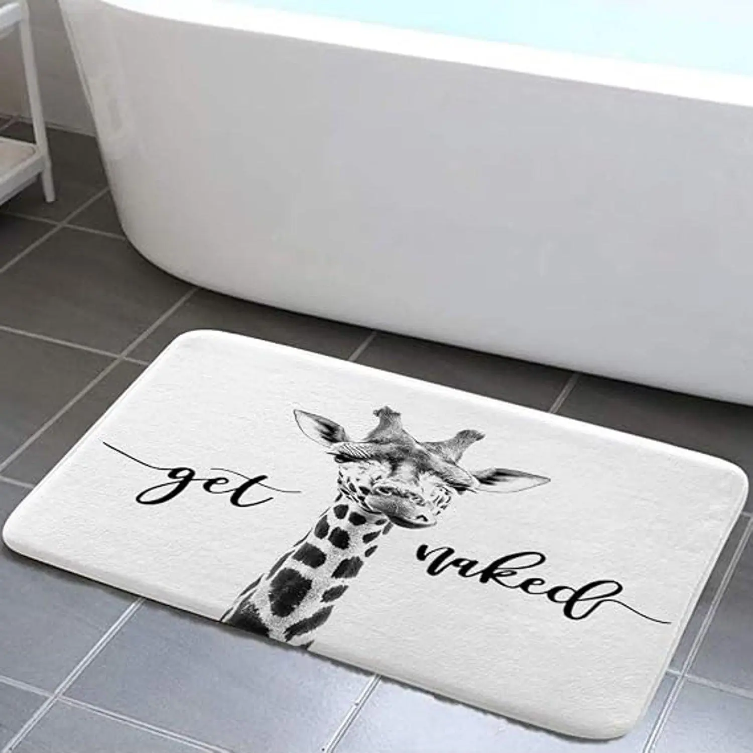 Black White Sketch Giraffe Get Naked Letter Flannel Absorbent Non Slip Bathroom Floor Mat