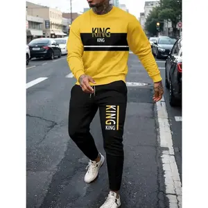 Men's Fashion Sweatshirt Set, 3D Printed Drop Shoulder Round Neck Long Pants Two-Piece, Casual Fitted Fall & Winter