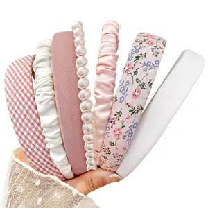 Headbands for Women Girls, 7pc Set - Non Slip Floral Padded Headbands Cute Pearl Headband for Girls Vintage Wide Headband vacation outfit, Polyester, Female