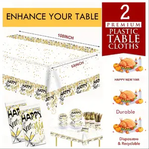 New New Happy New Year Party Supplies Tableware Set - 152 Pcs Disposable Dinnerware Tablecloth Set - Gold Paper Plates Napkins Cups Gold Plastic Forks Knives Spoons For New Years Eve Party US Express Delivery
