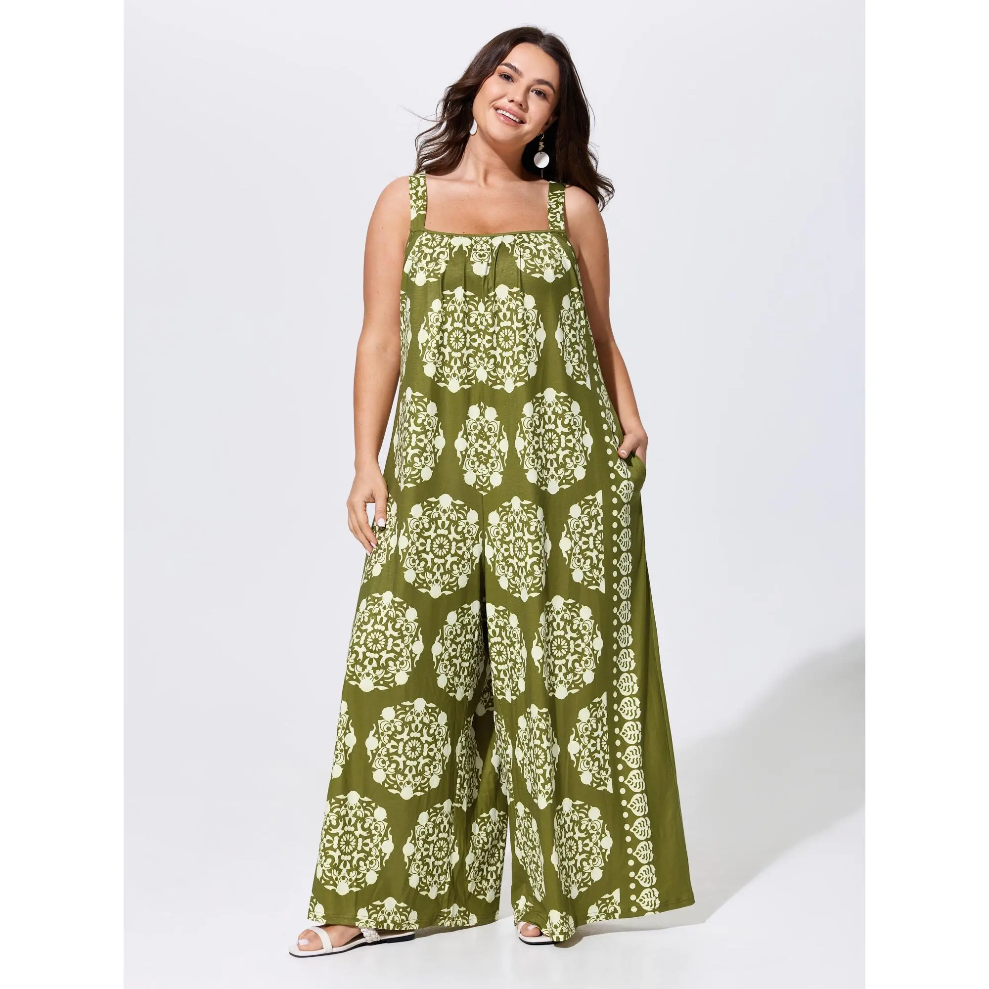 BLOOMCHIC Women's Plus Size Bohemian Sleeveless Elastane-Spandex Blend Overalls Jumpsuit - Polyester, Stretchy Fit, Full Length, Low Iron Fabric, Adjustable Straps, High Stretch, Casual, Cold Wash, M-6X Sizes, 2026 Summer Spotlight Deals, Summerfinds