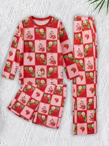 Cute strawberry pajamas Women's Strawberry Plush Printed Sleepwear Set, Short Sleeve Shorts Long Pants Comfortable Loose Fit Casual Soft Fabric Home Wear Loungewear All Seasons Nightwear Homewear Womenswear Lady