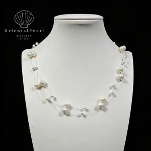 NC55-Floating Light Natural Freshwater Pearls with Fishing Chain 1 small 1 big pearl Starry Necklace perfect for summer Romantic Feeling Double Layer Floating Pearl Necklace