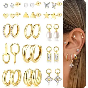 YADOCA Earrings Set for Women Hypoallergenic Surgical Steel Earrings Huggies Hoop and Stud Small Cartilage Helix Tragus Earring Sets for Multiple Piercings Silver/Gold