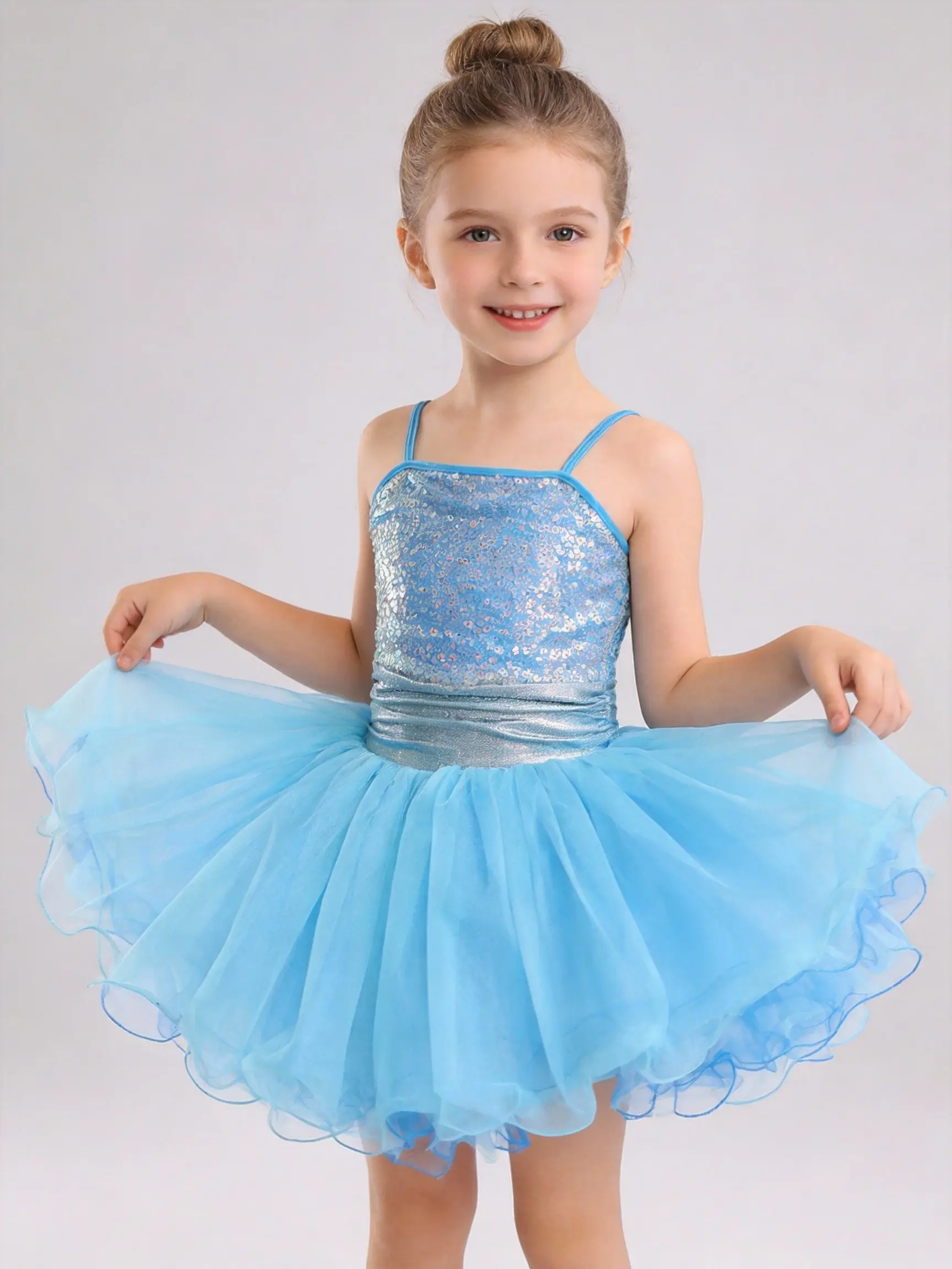 Girls' Blue Sequin Strappy Ballerina Dress - Cinched Waist, Breathable, Double-Layer Tulle Hem Kids' Dancewear for Group Dances, Dance Performances, Princess Birthday Party