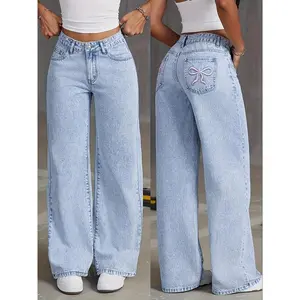 Light Blue Low-rise Straight Pants: Autumn Embroidery Bow Embroidery Fashion Casual Washed Denim