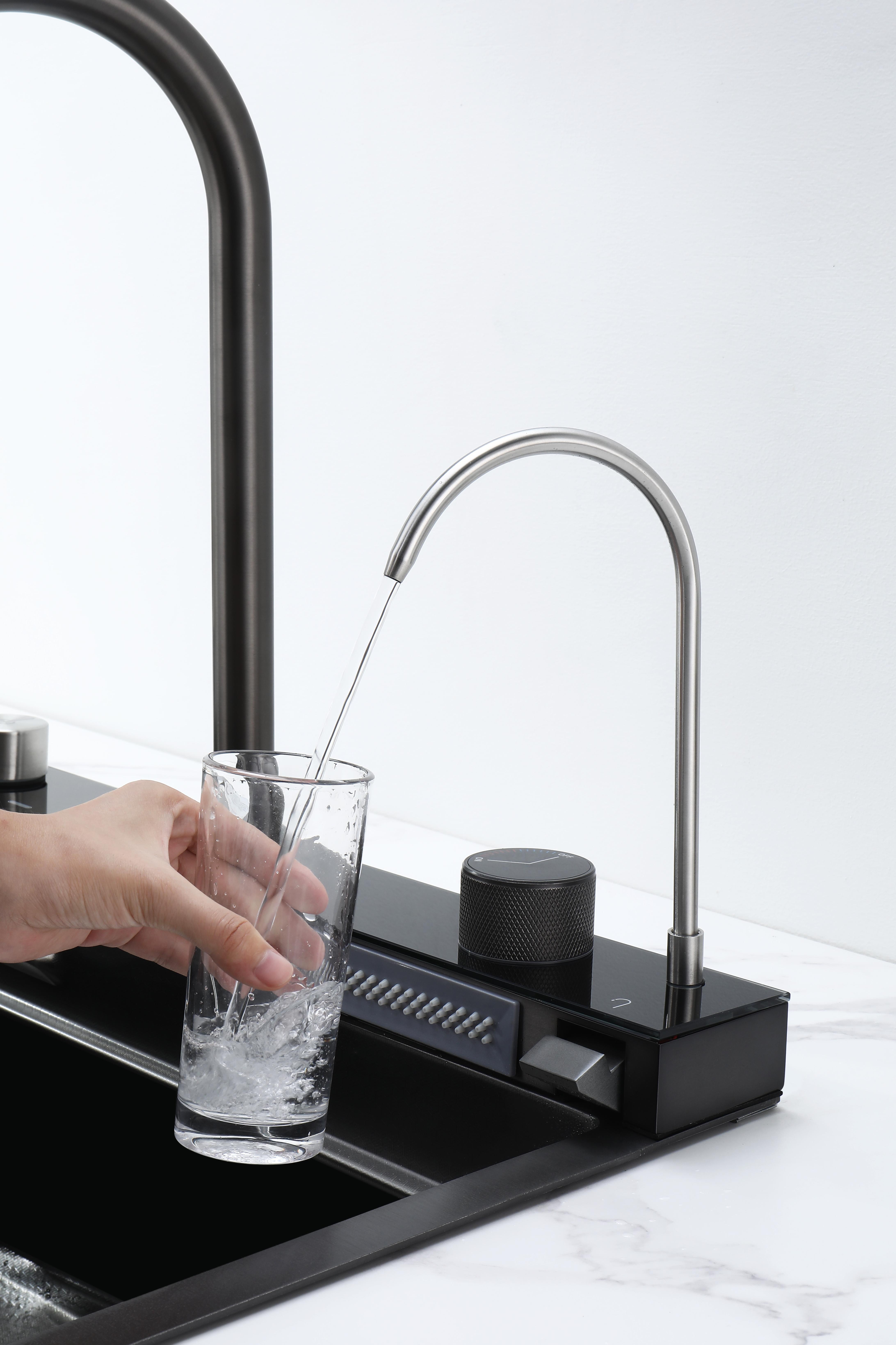 30 Inch Kitchen Sink with Smart Digital Display, Water Powered Piano Key Control, 3 Water Modes Pull Out Faucet, Dual Knob Design, Honeycomb Coating, Compatible with US Standard Garbage Disposal