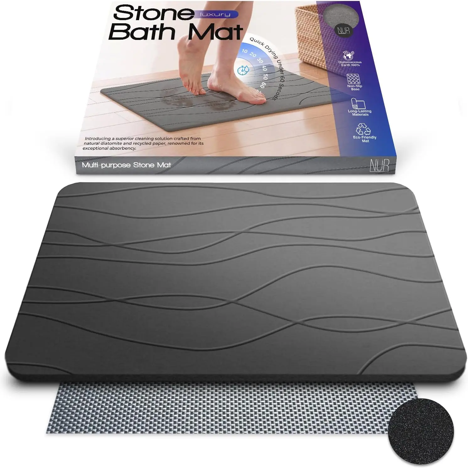 Stone Bath Mat – XL Non-Slip Diatomite Earth Mat for Bathroom or Kitchen – Quick-Drying, Super Absorbent, Eco-Friendly, and Easy to Clean