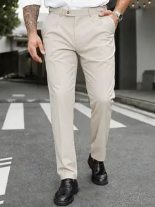 Men's Business Casual Cone Cut Nine-Quarter Pants, Adjustable Waist Buckle Half Elastic Waist Pleated Leisure Suit Trousers