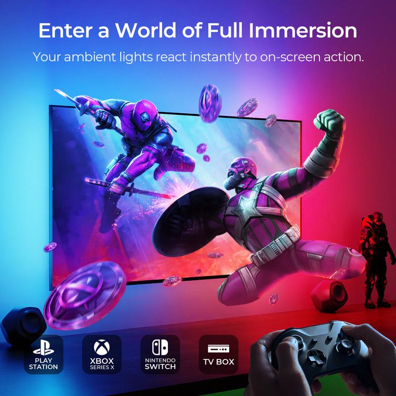 DECKTOK HDMI Sync TV Backlight – Smart RGB 3-Sided Lighting, Immersive Ambient Lights for Gaming & Movies