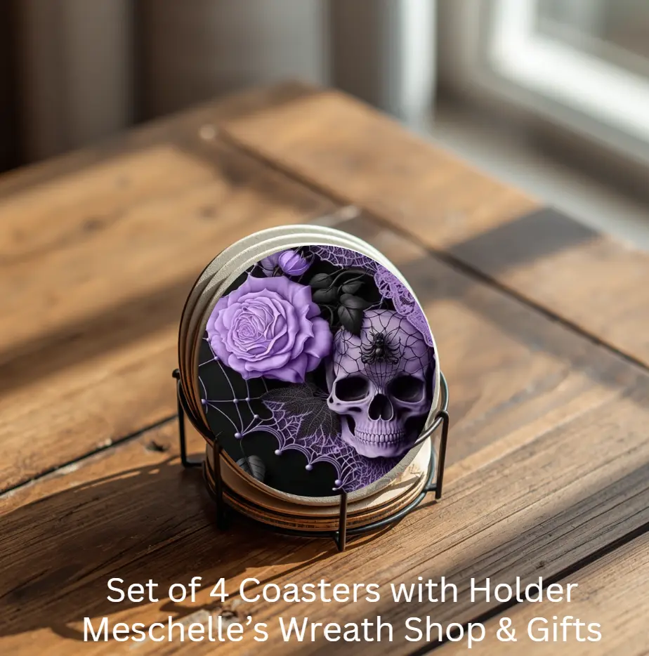 Purple Skull & Roses House Coasters Set of 4 Ceramic Coasters with Metal Holder