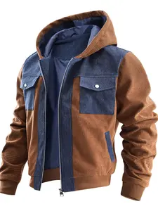 Men's Vintage Patchwork Hooded Workwear Casual Jacket, Loose Fit Unisex Design, Early Fall Versatile Street Style Outerwear, Zipper Hooded Jacket