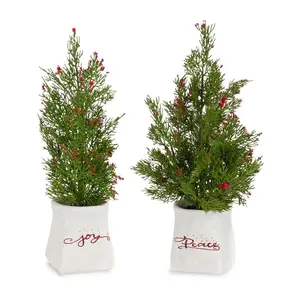 Melrose Mini Pine Tree with Berries in Ceramicot (Set of 2)
