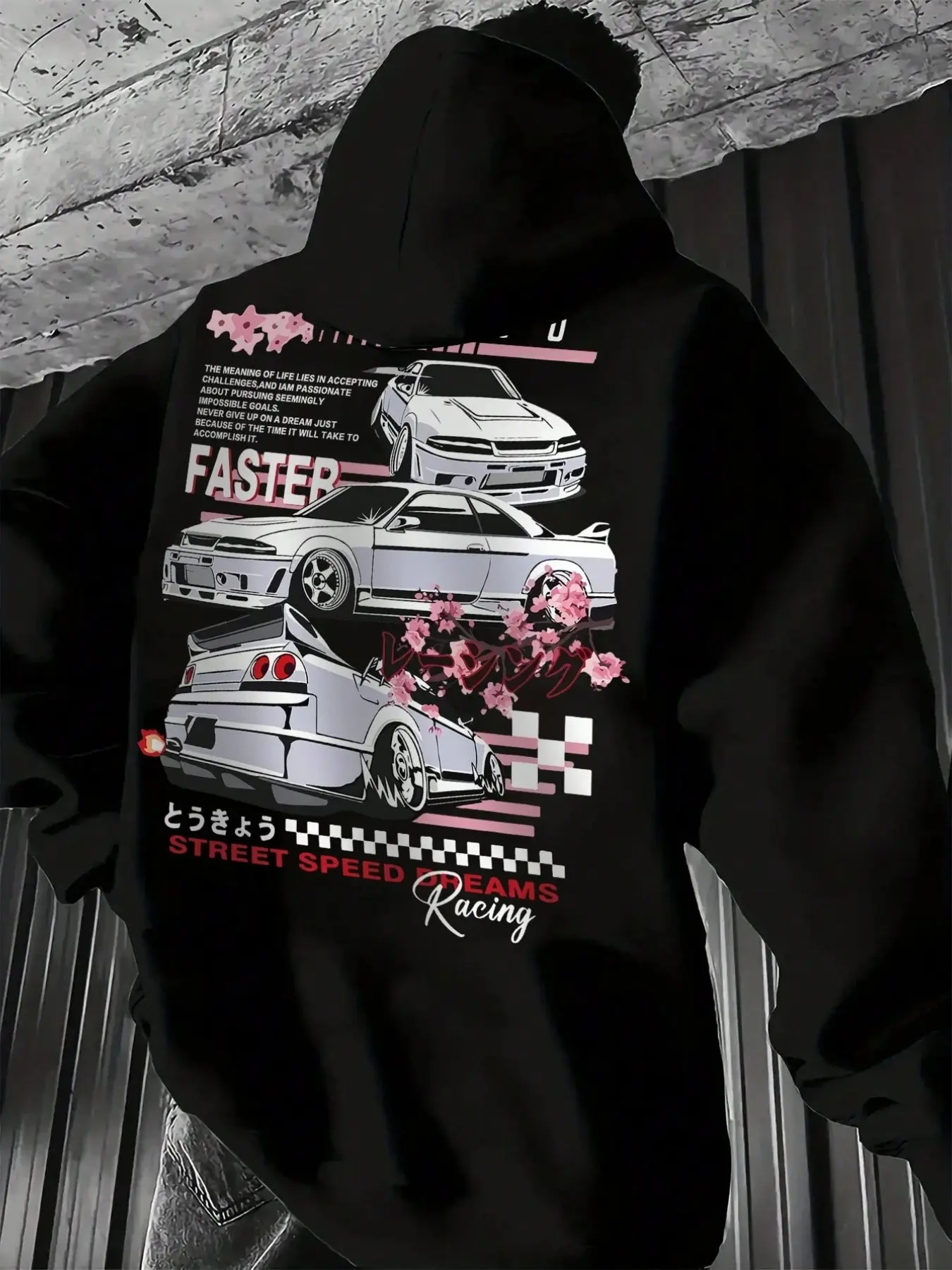 Men's Plus Size Casual Fashion Streetwear Hoodie, Japanese Racing Style Graphic Slogan Print, Daily Wear, Fall Winter