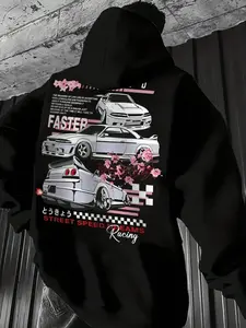 Men's Plus Size Casual Fashion Street Long Hoodie Sweatshirts, Japanese Racing Style Slogan Print, Daily Wear, Fall Winter, Streetwear