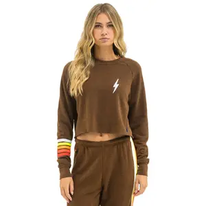BOLT RUGBY STITCH CROPPED CREW SWEATSHIRT - CHOCOLATE // WHITE NEON