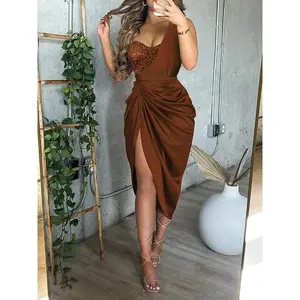 New Solid Color Slit Long Skirt Ruched One Shoulder Elegant Dresses for Women Evening Formal Piece Suit