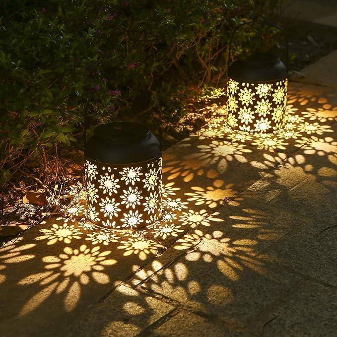 LeiDrail Solar Hanging Lantern with Floral Cutout Pattern – Waterproof Metal Outdoor Garden Light