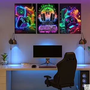 Set of 3 Modern Gaming Canvas Art - Watercolor Posters of Game Controllers,  Wall Decoration for Bedroom And Gaming Space